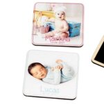 Foto bebé en madera personalizable con imán, recuerdo para bautizo