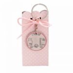 Llavero metal para datos del bebé rosa con peladillas