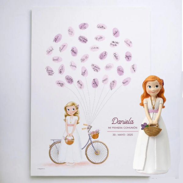 Lámina árbol de huellas y figura tarta Comunión niña cesta flores