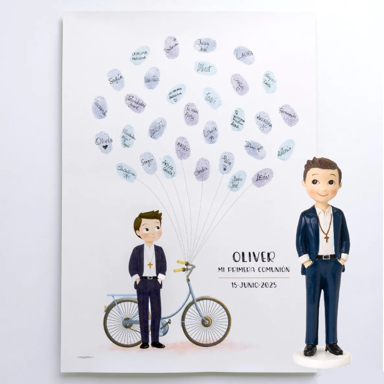 Lámina árbol huellas y figura tartaComunión niño manos bolsillo