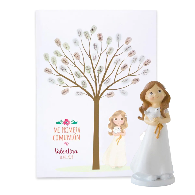 Lámina de firmas de Comunión y figura tarta niña paloma