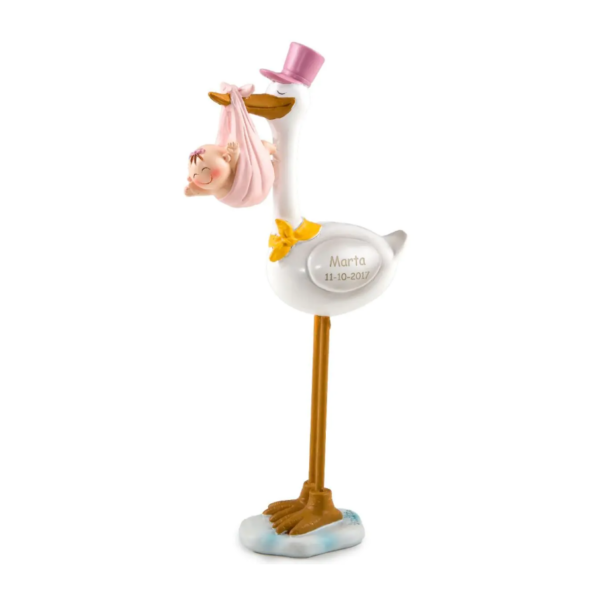 Figura para tarta de Bautizo Cigüeña con gorro rosa